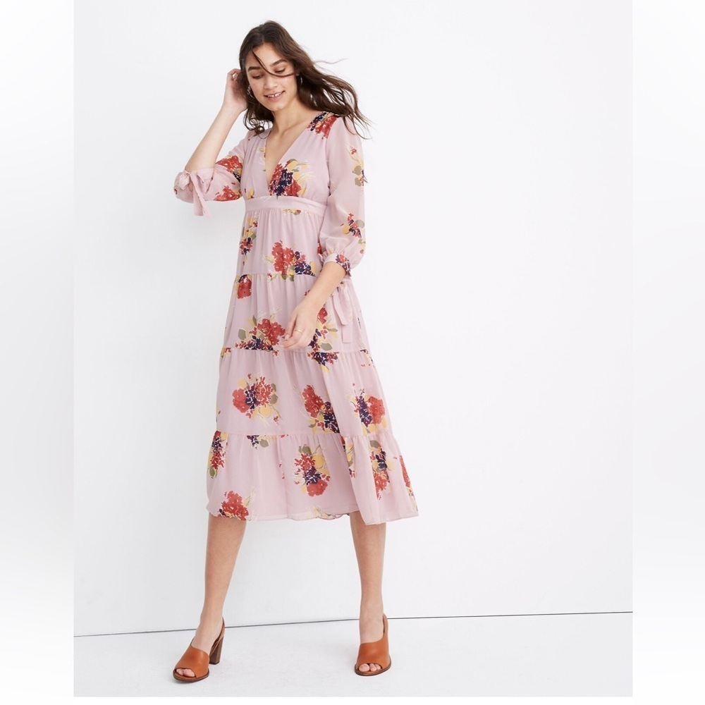 Madewell Tie-Sleeve Tiered Midi Dress in Market Bouquet Pink Floral Sheer Dress